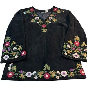 Newport News Jeanology Black Suede Leather Embroidered Floral VTG Women's  Sz 12